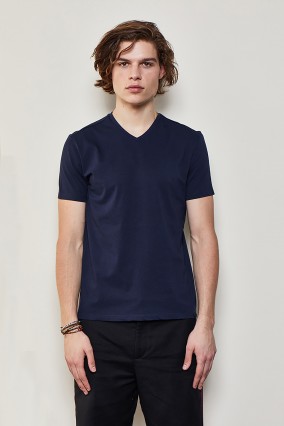 Erkek Lacivert V Yaka 100% Organik Pamuk Basic Tişört