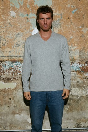 Erkek Gri Uzun Kollu V Yaka 100% Organik Pamuk Basic Tişört