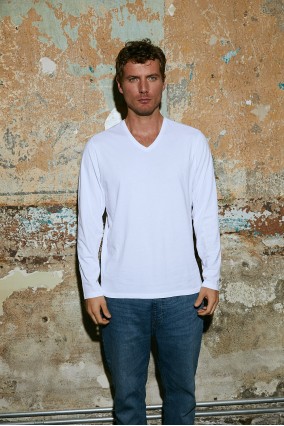 Erkek Beyaz Uzun Kollu V Yaka 100% Organik Pamuk Basic Tişört