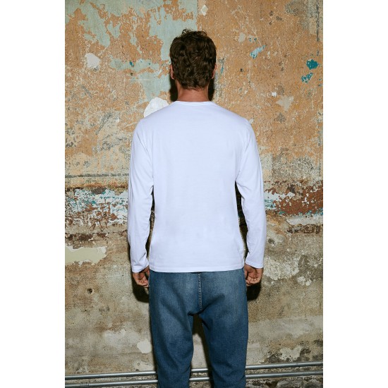 Men White 100% Organic Cotton Long Sleeve V Neck Basic T-Shirt