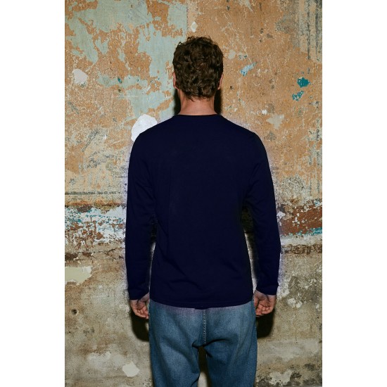 Men Dark Blue 100% Organic Cotton Long Sleeve V Neck Basic T-Shirt