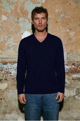 Erkek Lacivert Uzun Kollu V Yaka 100% Organik Pamuk Basic T-SHIRT