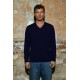 Men Dark Blue 100% Organic Cotton Long Sleeve V Neck Basic T-Shirt
