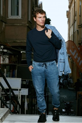 Erkek Lacivert Uzun Kollu Bisiklet Yaka 100% Organik Pamuk Basic Tişört