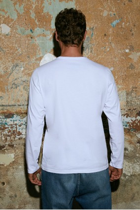 Erkek Beyaz Uzun Kollu Bisiklet Yaka 100% Organik Pamuk Basic Tişört
