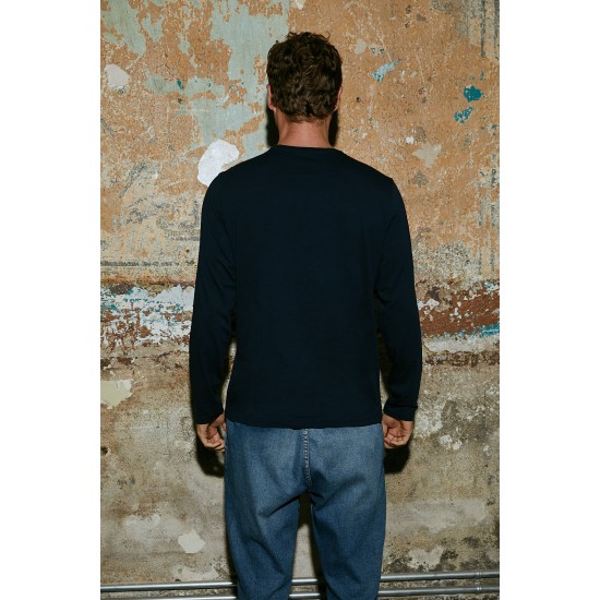 Men Dark Blue 100% Organic Cotton Long Sleeve Round Neck Basic T-Shirt