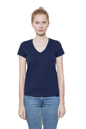 Kadın Lacivert V Yaka 100% Organik Pamuk Basic Tişört