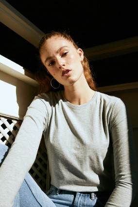 Kadın Gri Uzun Kollu Bisiklet Yaka 100% Organik Pamuk Basic Tişört