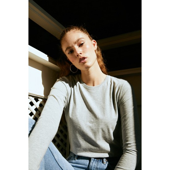 Women Grey 100% Organic Cotton Long Sleeve Round Neck Basic T-Shirt