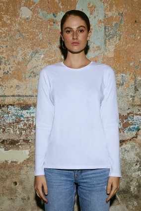 Kadın Beyaz Uzun Kollu Bisiklet Yaka 100% Organik Pamuk Basic Tişört