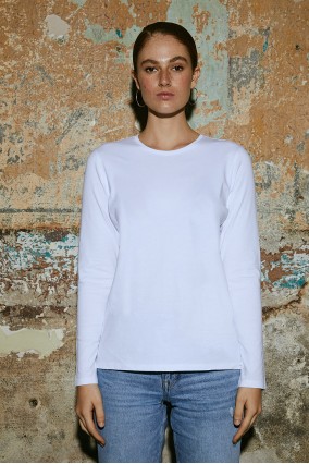 Kadın Beyaz Uzun Kollu Bisiklet Yaka 100% Organik Pamuk Basic Tişört