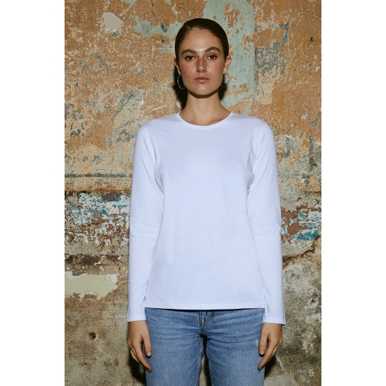 Women White 100% Organic Cotton Long Sleeve Round Neck Basic T-Shirt