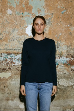 Kadın Lacivert Uzun Kollu Bisiklet Yaka 100% Organik Pamuk Basic Tişört