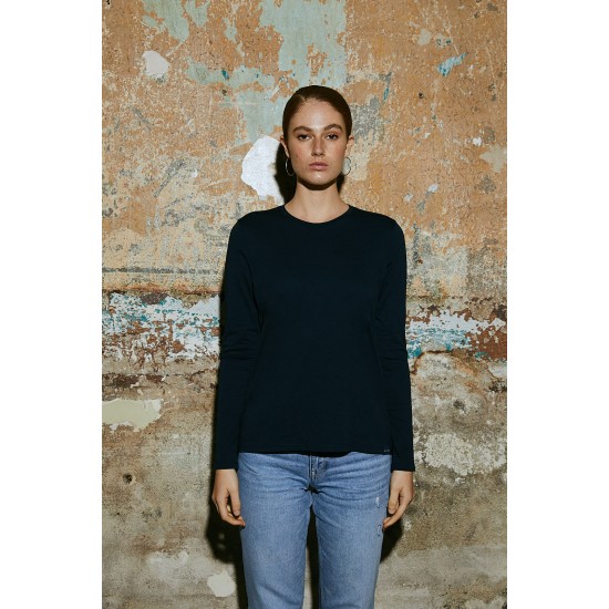 Women Dark Blue 100% Organic Cotton Long Sleeve Round Neck Basic T-Shirt