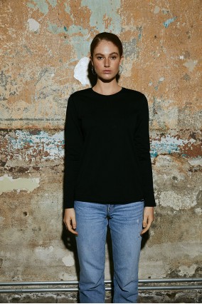 Kadın Siyah Uzun Kollu Bisiklet Yaka 100% Organik Pamuk Basic Tişört