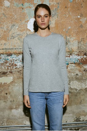 Kadın Gri Uzun Kollu Bisiklet Yaka 100% Organik Pamuk Basic Tişört