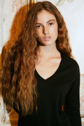 Kadın Siyah Uzun Kollu V Yaka 100% Organik Pamuk Basic Tişört