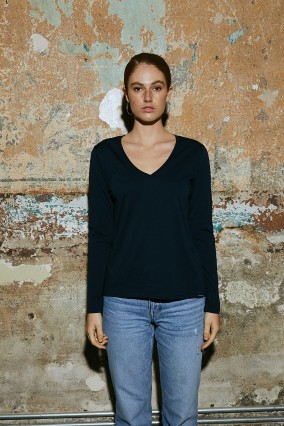 Kadın Lacivert Uzun Kollu V Yaka 100% Organik Pamuk Basic Tişört