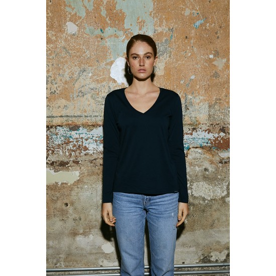 Women Dark Blue 100% Organic Cotton Long Sleeve V Neck Basic T-Shirt