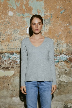 Kadın Gri Uzun Kollu V Yaka 100% Organik Pamuk Basic Tişört