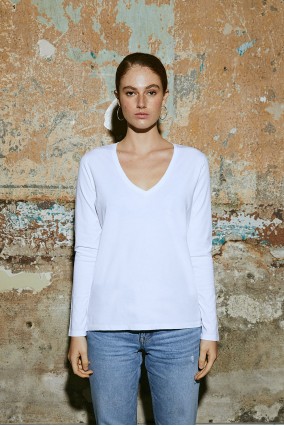 Kadın Beyaz Uzun Kollu V Yaka 100% Organik Pamuk Basic Tişört