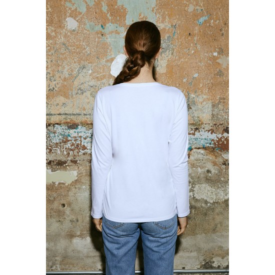 Women White 100% Organic Cotton Long Sleeve V Neck Basic T-Shirt
