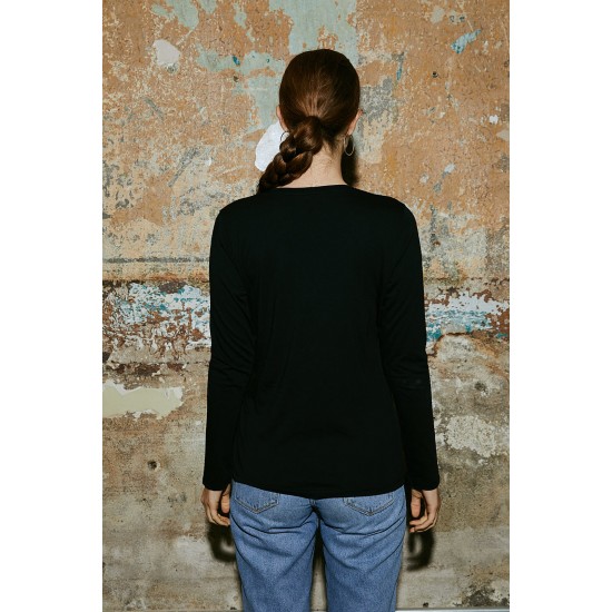 Women Black 100% Organic Cotton Long Sleeve V Neck Basic T-Shirt